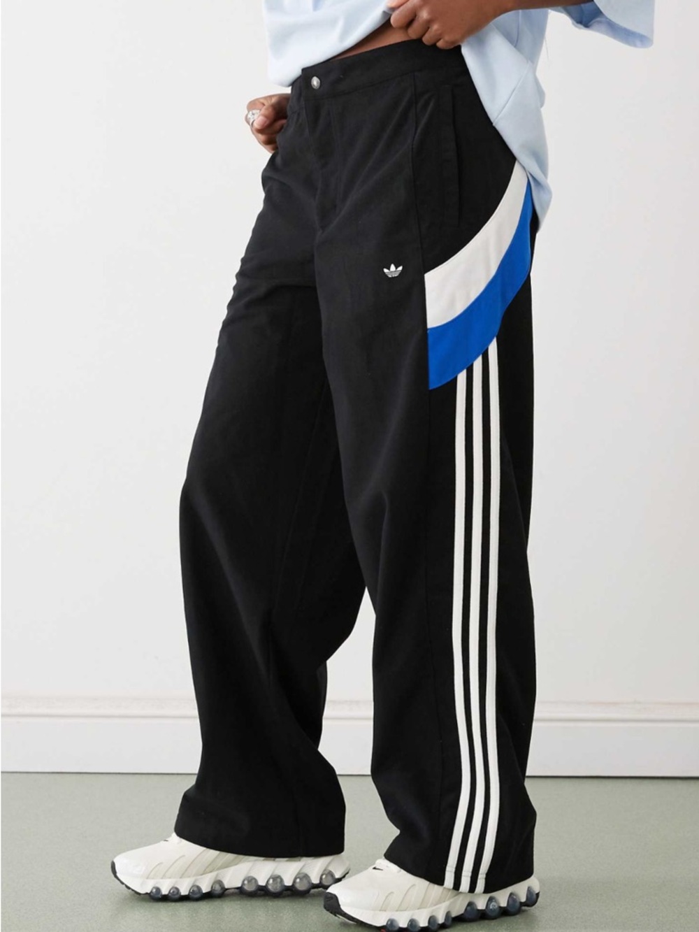 NWT adidas Black Wide-Leg Sweatpants with Blue & White Panels